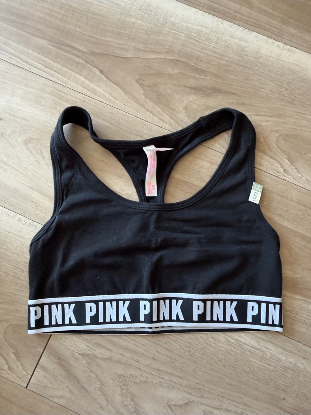 PINK Victoria's Secret Black Racerback Sports Bra with White Logo Band